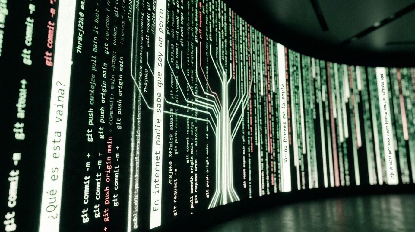 Pantalla curva con comandos de git commit y git push sobre lluvia de código verde estilo Matrix