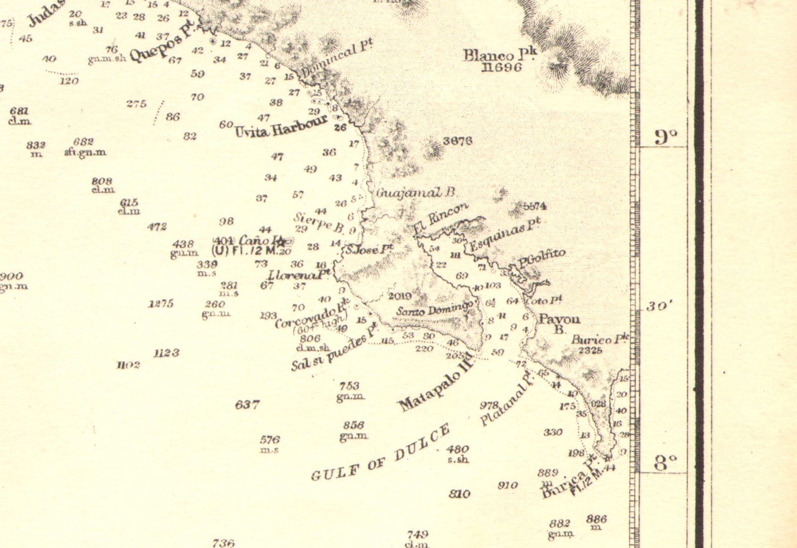 Detalle de una carta náutica británica con la costa de la península de Osa, sondeos de profundidad y los rótulos Caño Is., Sierpe B., S. José Pt. y Gulf of Dulce