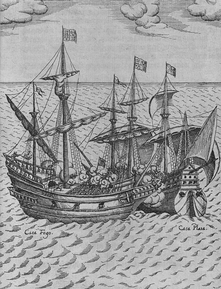 Grabado de dos barcos de vela, uno de ellos disparando al otro, en mar abierto