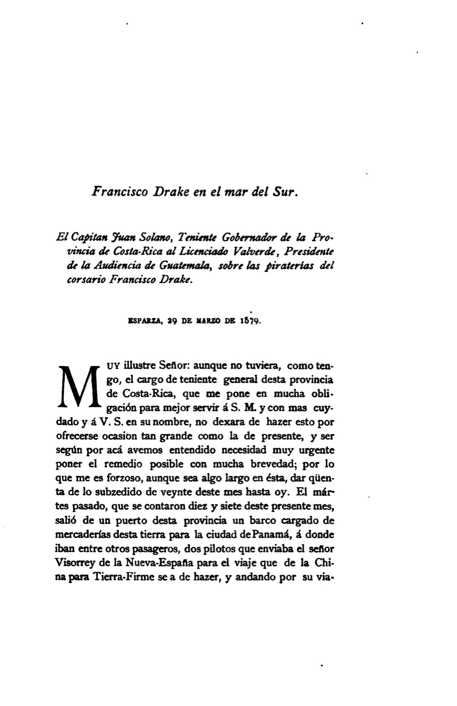 Página impresa en español del siglo XIX con el título Francisco Drake en el mar del Sur y el inicio de la carta de Juan Solano