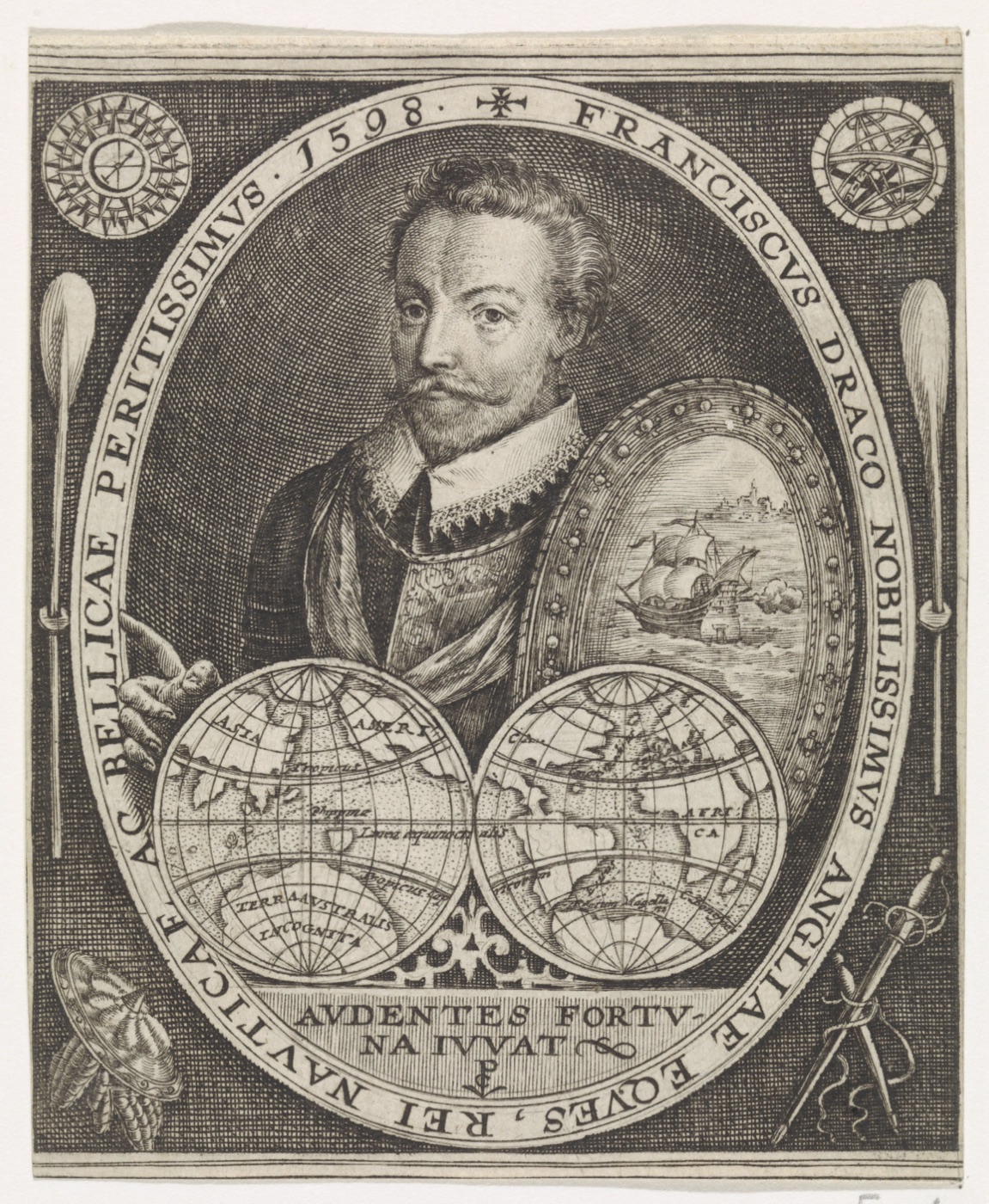 Grabado de Drake en un óvalo, con dos hemisferios que muestran la ruta de su vuelta al mundo e inscripciones en latín