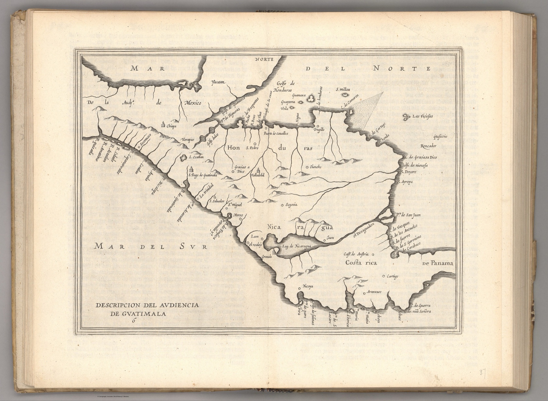 Mapa en blanco y negro de Centroamérica con la costa del Pacífico abajo, ríos, poblados y el rótulo Costa rica