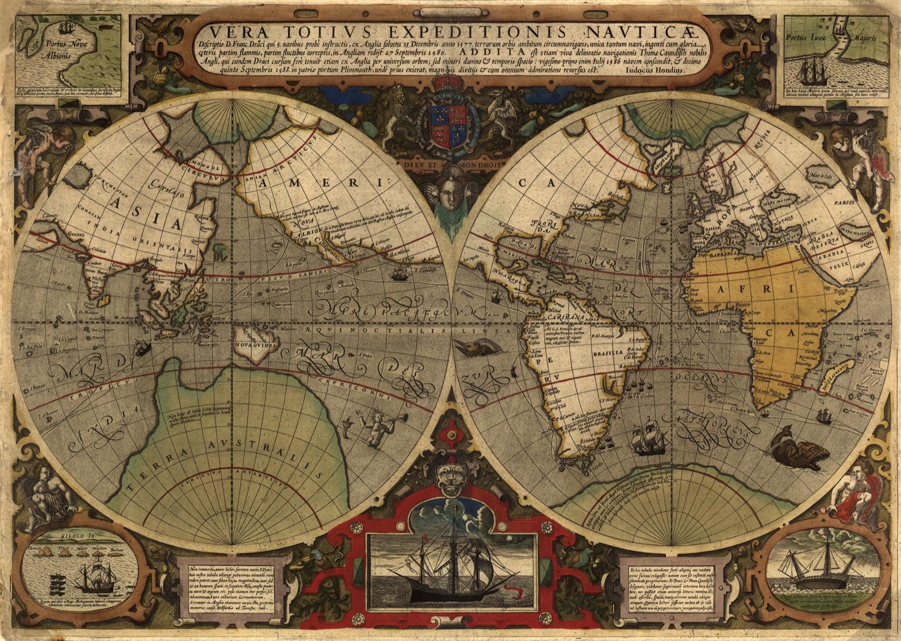 Mapa del mundo en dos hemisferios con la ruta punteada de la vuelta al mundo de Drake y recuadros en las esquinas