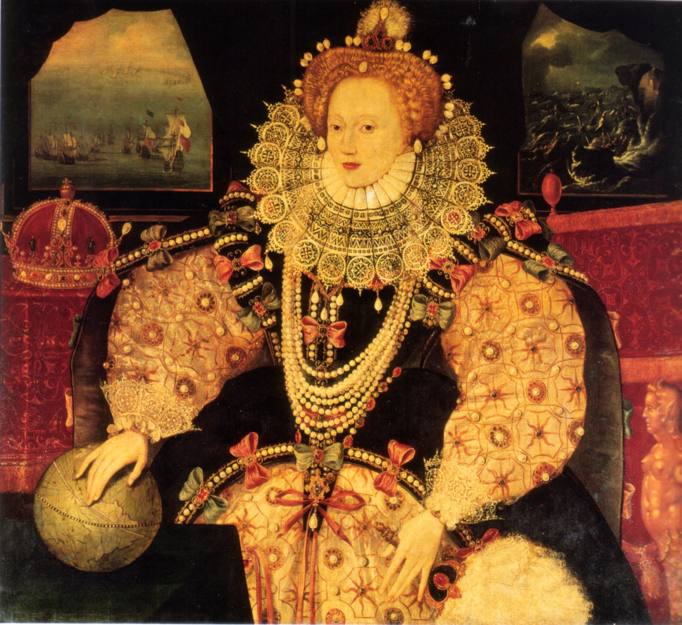 Retrato de Isabel I con vestido bordado de perlas; su mano derecha descansa sobre un globo terráqueo y al fondo se ven escenas de la Armada