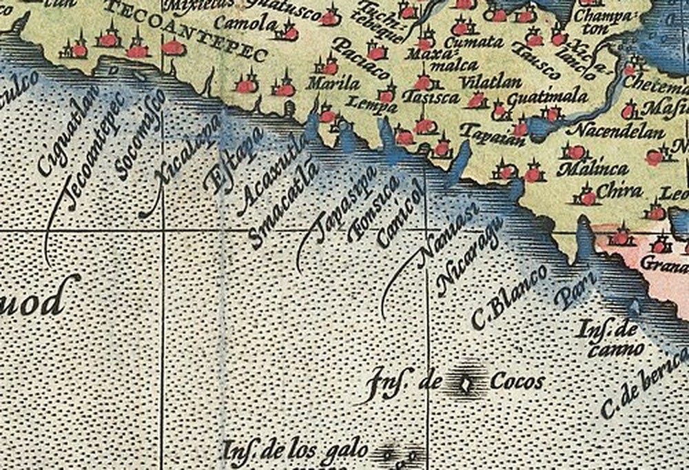 Detalle de un mapa antiguo coloreado: la costa del Pacífico centroamericano con los rótulos Nicaragua, C. Blanco, Ins. de canno e Ins. de Cocos