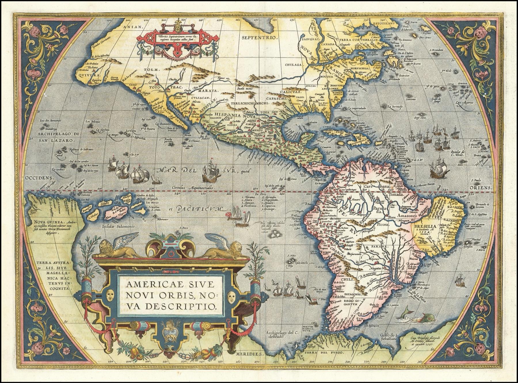 Mapa de América de Abraham Ortelius, con el continente coloreado a mano, cartelas decorativas y el océano punteado