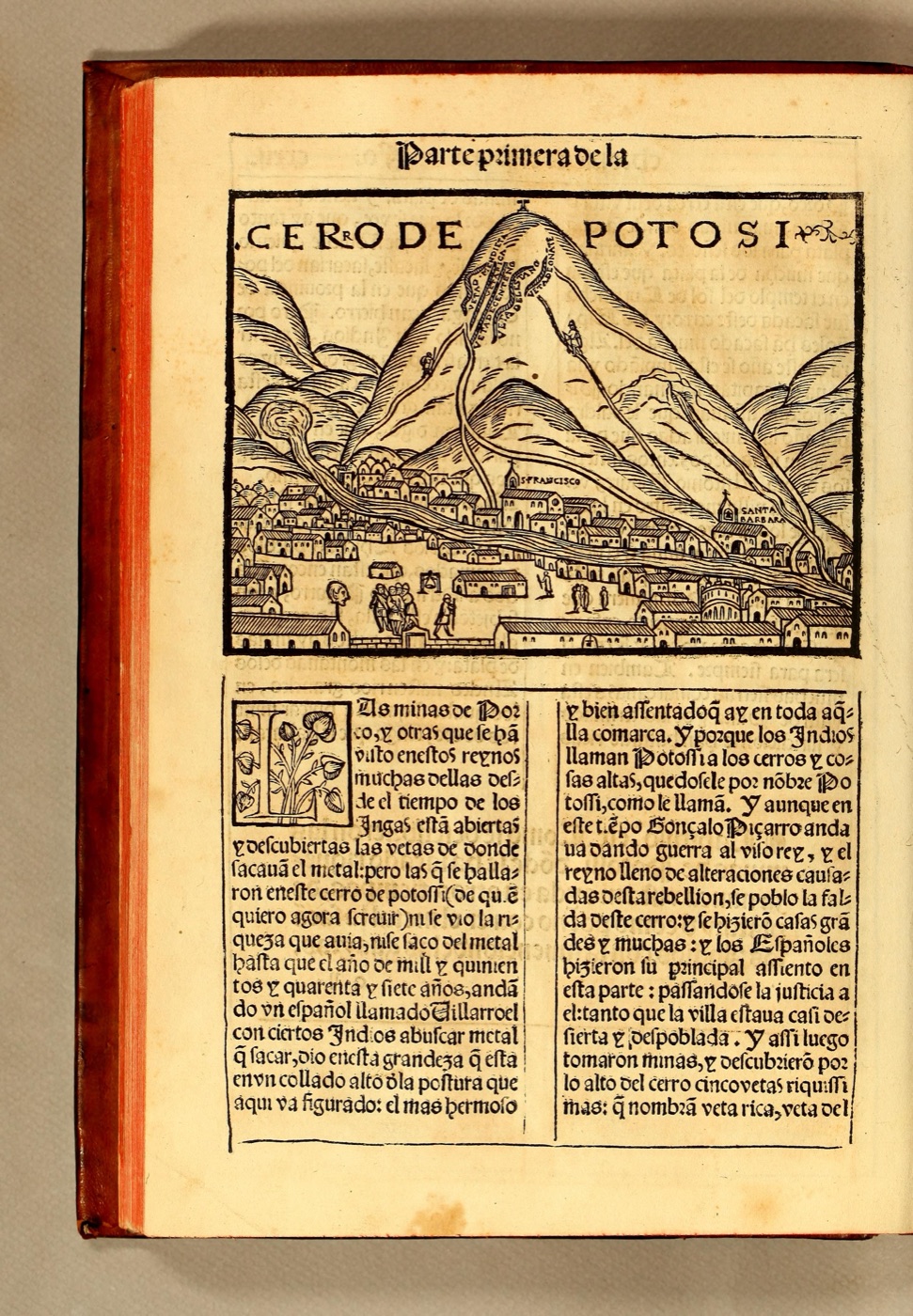 Grabado en madera de una montaña cónica rotulada Cerro de Potosí, en la página de un libro impreso del siglo XVI