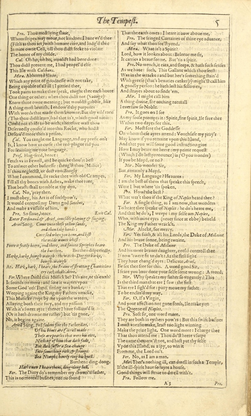 Página a dos columnas del Primer Folio de Shakespeare con texto de La tempestad