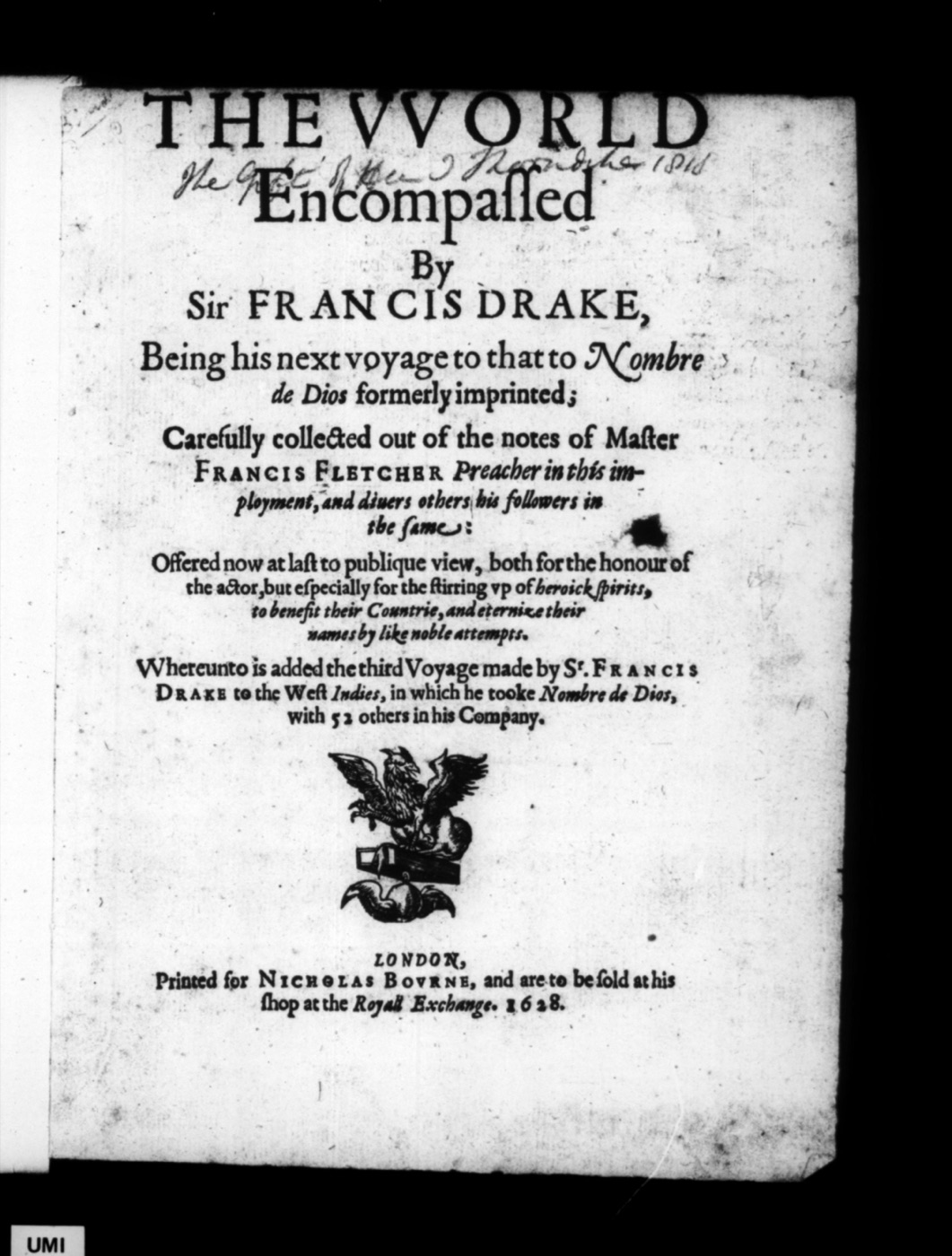 Portada impresa del libro The World Encompassed by Sir Francis Drake, de 1628