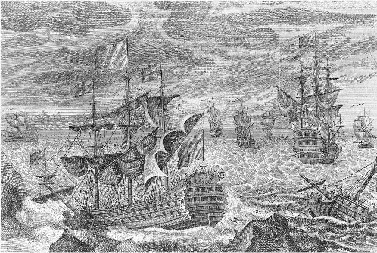 Grabado de barcos de guerra a vela en medio de una tormenta, algunos de ellos contra las rocas