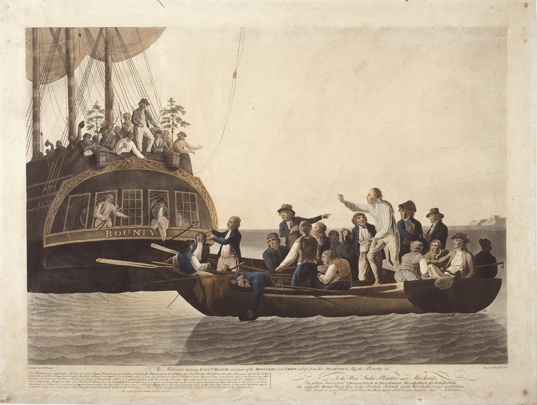 Grabado de 1790 que muestra a los amotinados del Bounty dejando al teniente Bligh y a sus leales a la deriva en una lancha abierta