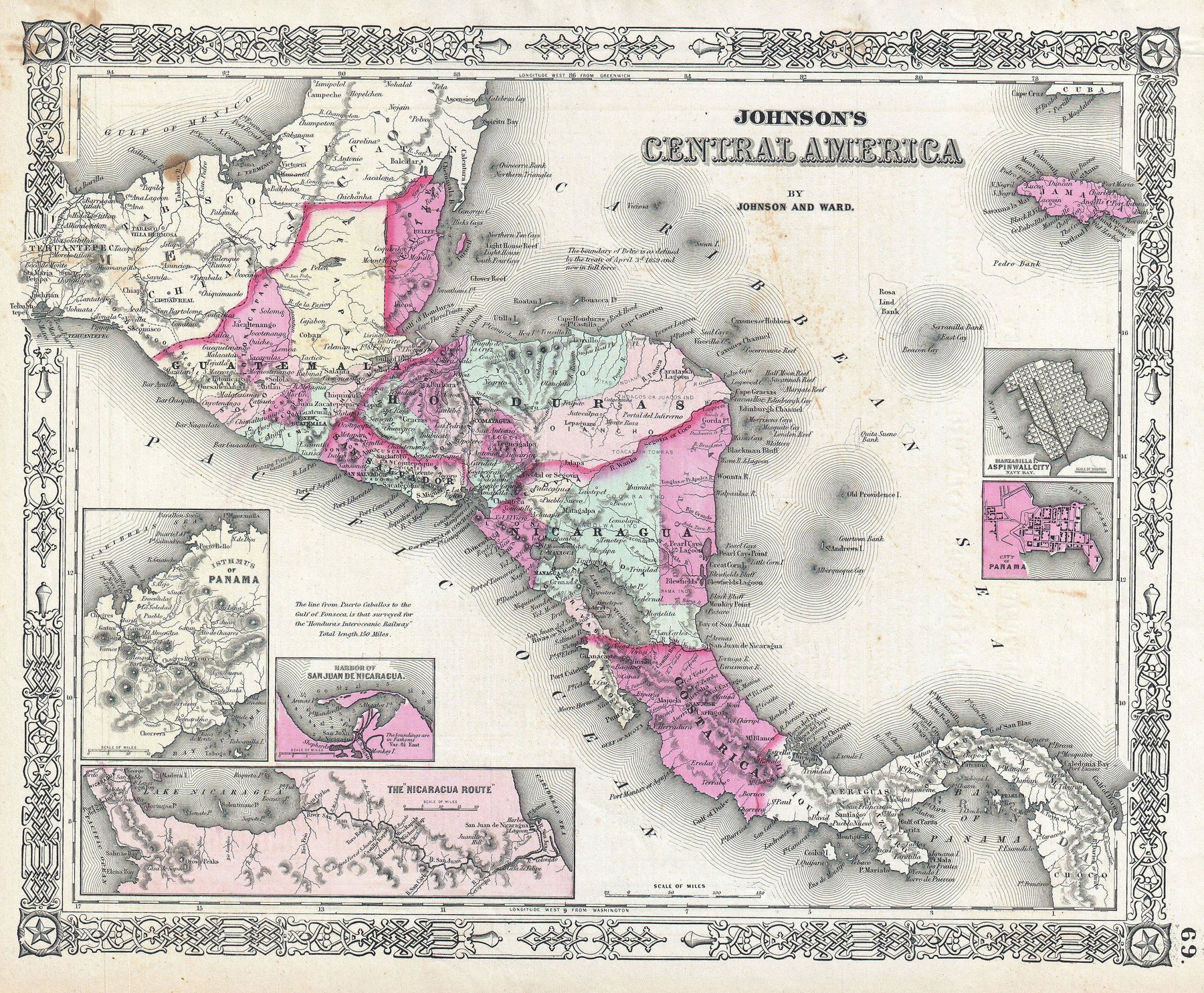 Mapa de Centroamérica de Johnson and Ward, 1864, con los países en colores pastel y recuadros del istmo de Panamá y de la ruta de Nicaragua