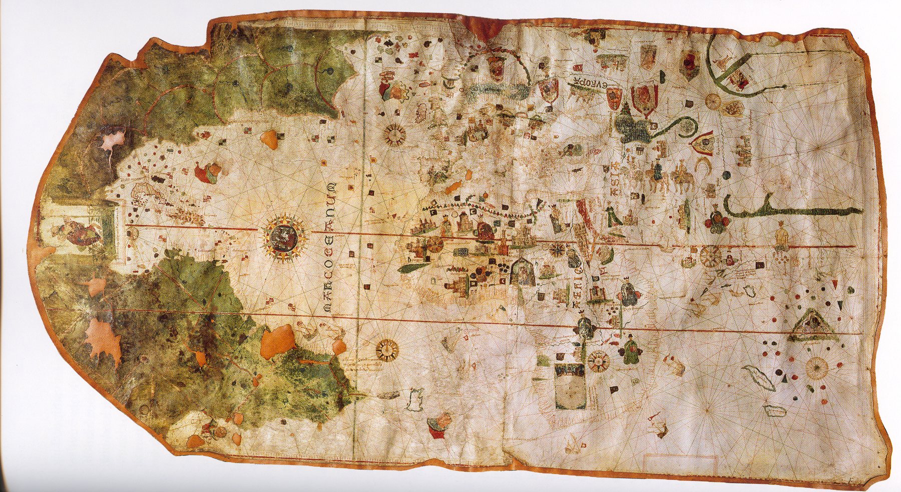 Carta de Juan de la Cosa de 1500 sobre pergamino, con el Nuevo Mundo en verde a la izquierda y Europa y África a la derecha
