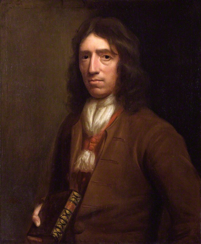 Retrato al óleo de William Dampier, hombre de cabello largo y oscuro, con casaca marrón y un libro en la mano