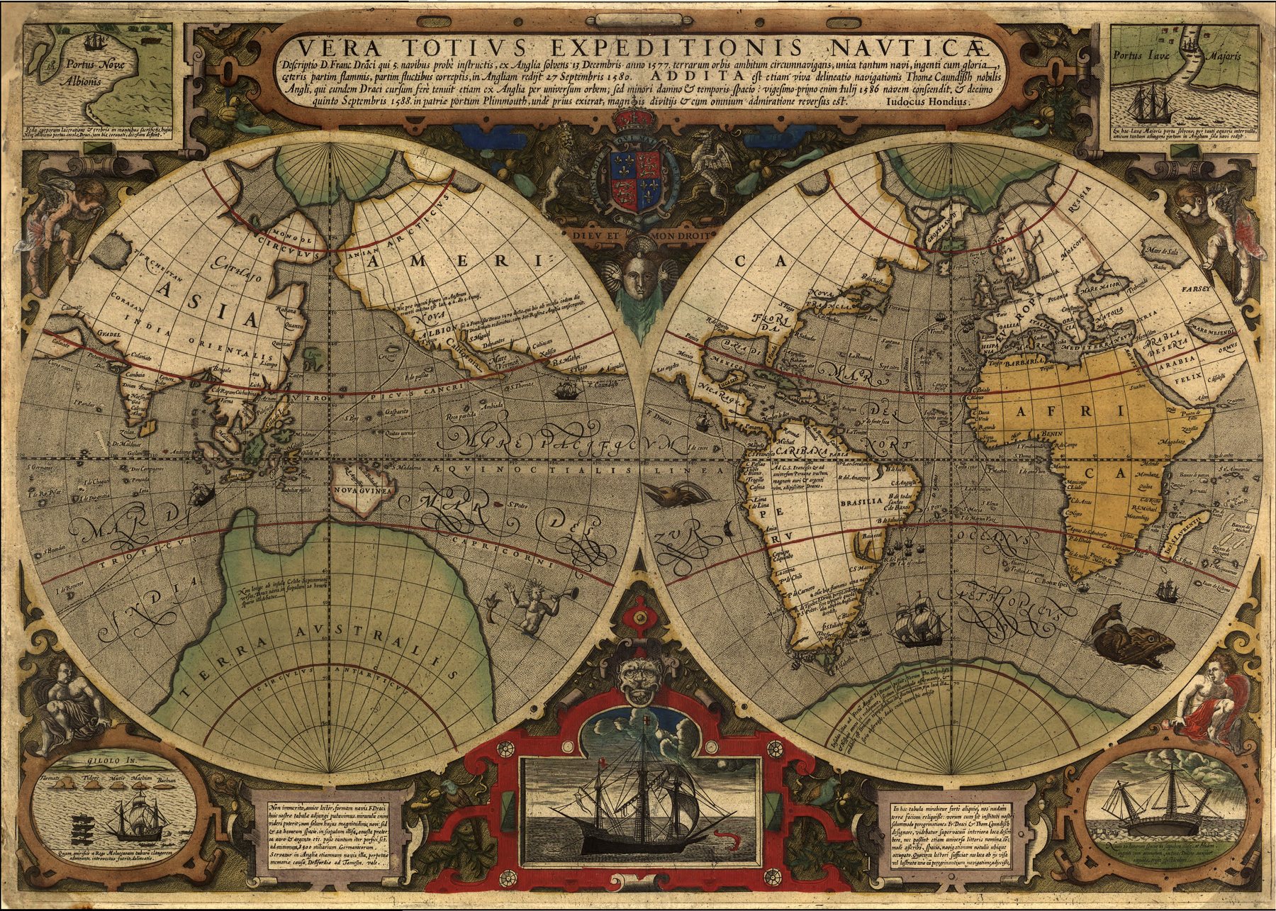 Mapa mundial de Jodocus Hondius de 1595 que traza la vuelta al mundo de Francis Drake, con dos hemisferios, cartuchos decorativos y barcos en los márgenes