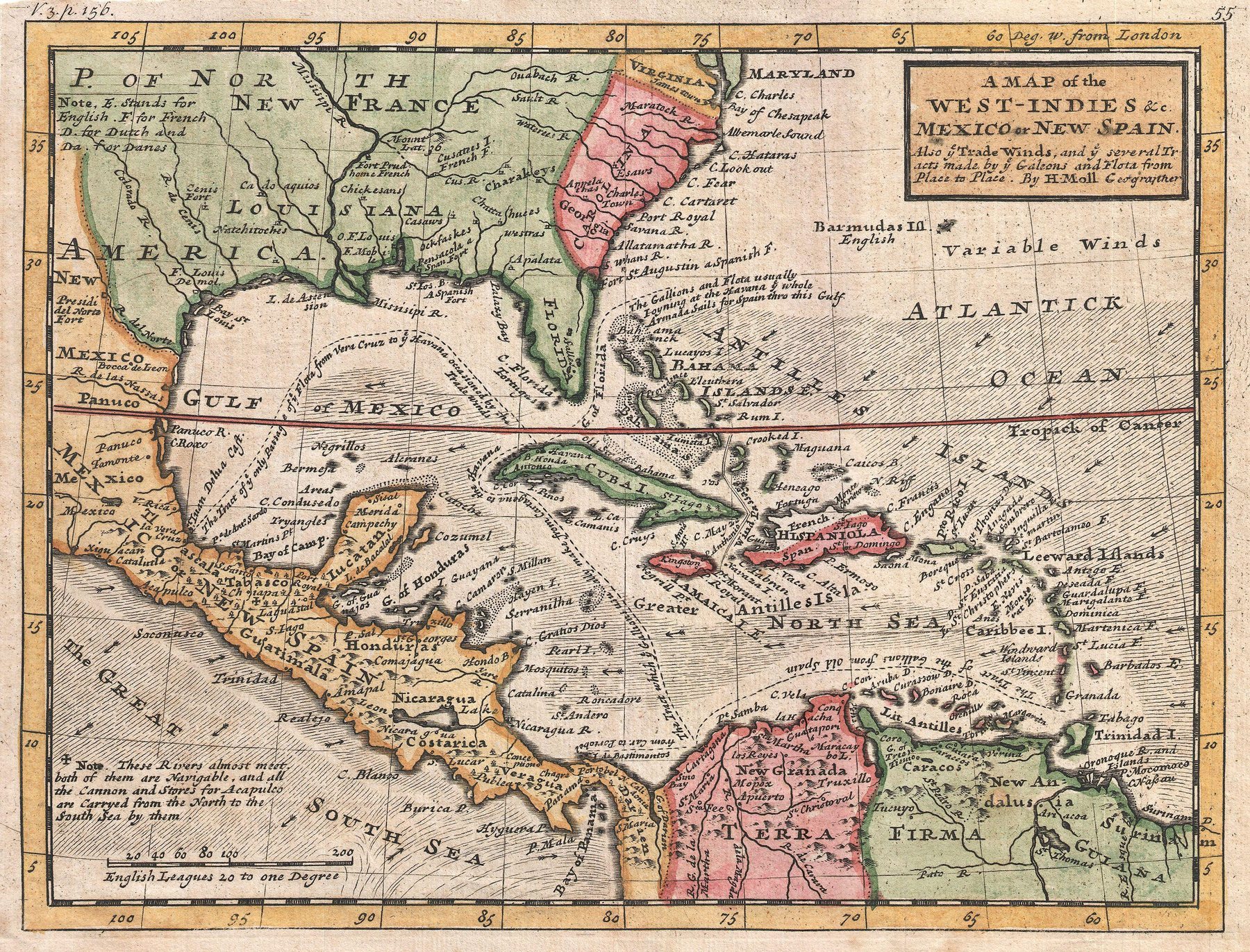 Mapa coloreado de Herman Moll de las Indias Occidentales, México y el Caribe, con flechas de los vientos alisios y las derrotas de los galeones