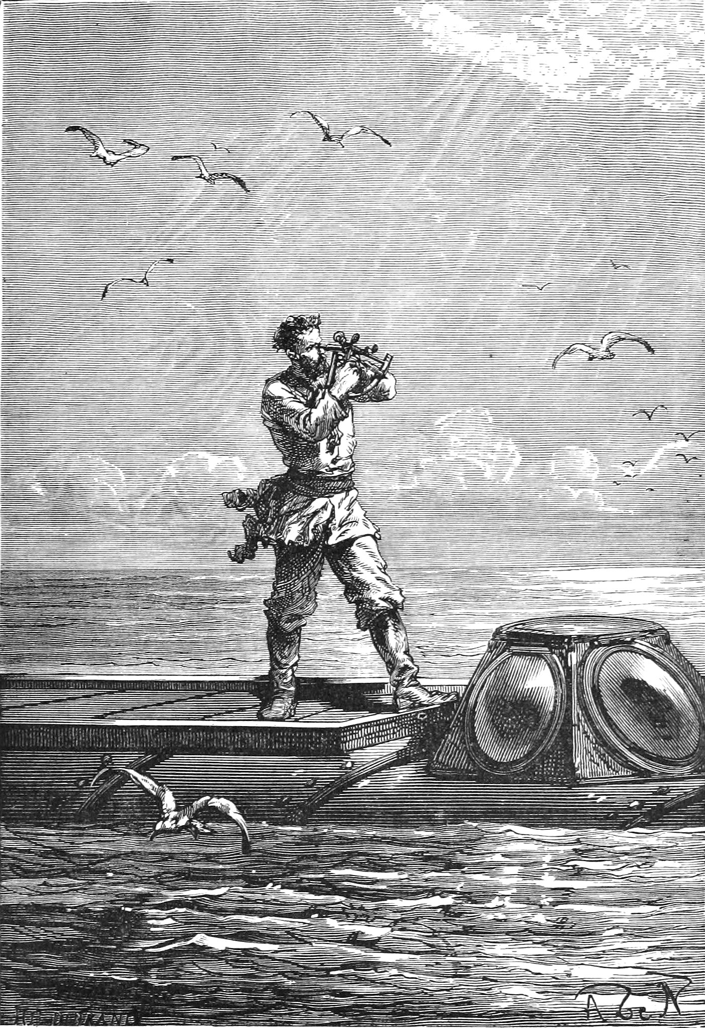 Grabado del capitán Nemo de pie sobre la plataforma del Nautilus, mirando por un sextante, con gaviotas alrededor